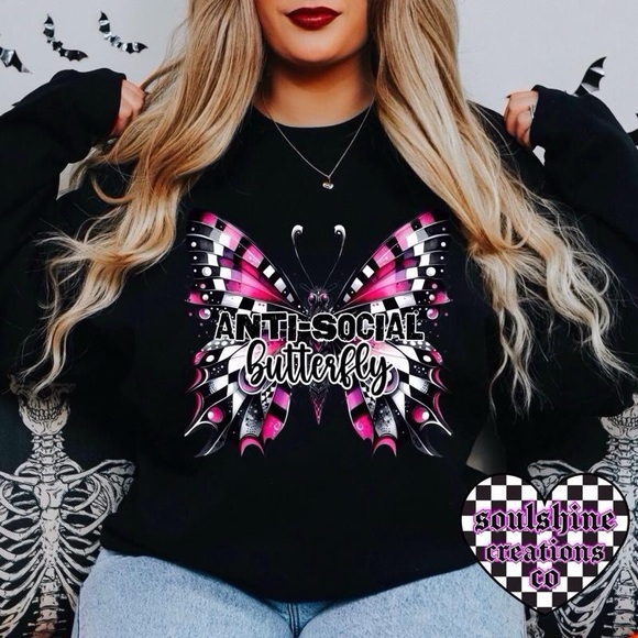 Anti Social Butterfly Black Sweatshirt Unisex Edgy Alternative Vibes - Picture 1 of 3